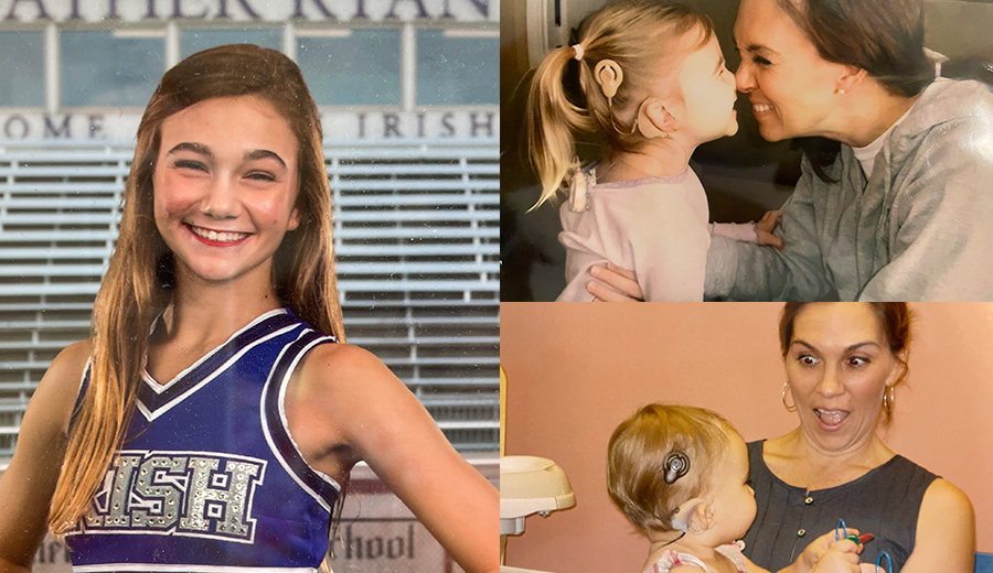 Collage of four images featuring a teenage cheerleader, a young girl kissing a grownup, and a playful moment between the same grownup and child.