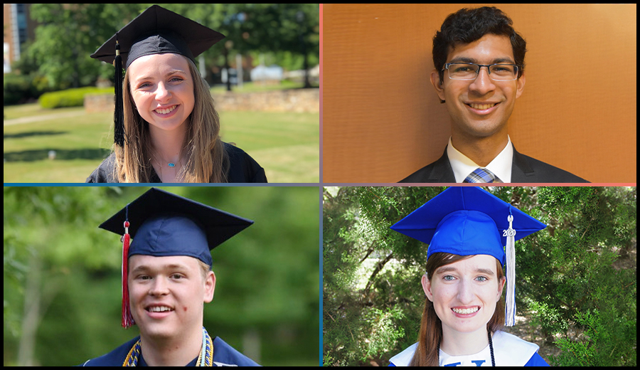 Four individual portraits of grownup graduates in caps and gowns, smiling at the camera, set against different backgrounds.