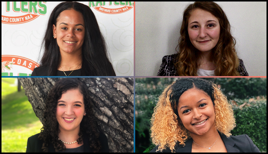 Four professional headshots of women with diverse backgrounds and hairstyles, smiling at the camera, one featuring a hearing assistance device.