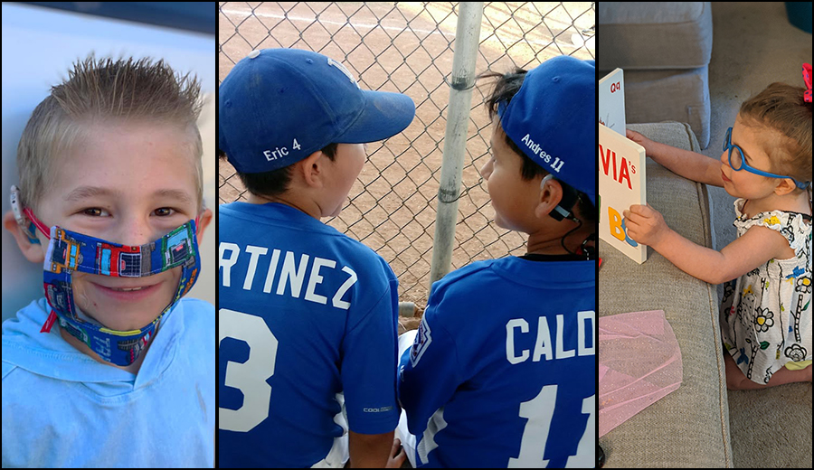 Collage of three images: a smiling boy with a disability in a mask, two young baseball players focused on a field, and a little girl placing a letter on a word board.