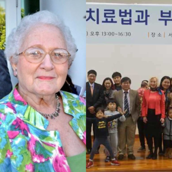 Left: elderly woman with glasses and a floral blouse smiling. Right: family of adults and children posing in a hall with Korean text on a banner.