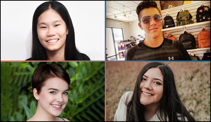 Composite image of four diverse young people: an Asian woman, a young man wearing sunglasses, a woman with a pixie cut, and a Latina woman smiling outdoors with family.