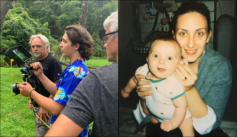 Side-by-side photos; on the left, three people operate a camera outdoors, and on the right, a grownup holds a baby indoors, both smiling.