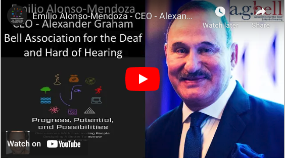 A YouTube video thumbnail featuring Emilio Alonso-Mendoza, CEO of the Alexander Graham Bell Association, with icons representing disability advocacy for the deaf and hard of hearing.