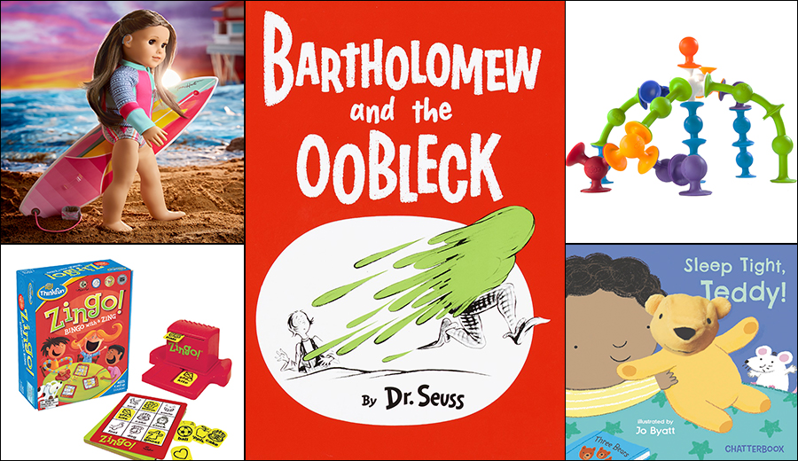 A collage of family-friendly children's products including a doll with a surfboard, a Dr. Seuss book cover, colorful toy figures, and board games.