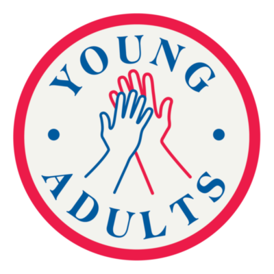 Logo of "young adults" featuring three hands held together in a circle, with blue and red colors on a white background, symbolizing assistance.