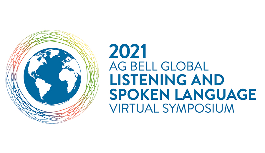Logo for the 2021 AG Bell Global Listening and Spoken Language Virtual Symposium featuring a stylized globe, colorful swirls, and symbols representing family.