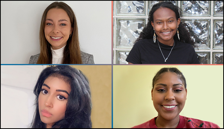 Four diverse grownup women smiling in separate portraits, each set against a different background.