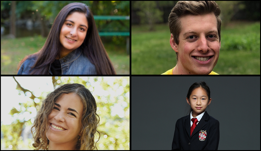 Four portraits of diverse young family members smiling, set against different backgrounds, including outdoor gardens and a black studio backdrop.