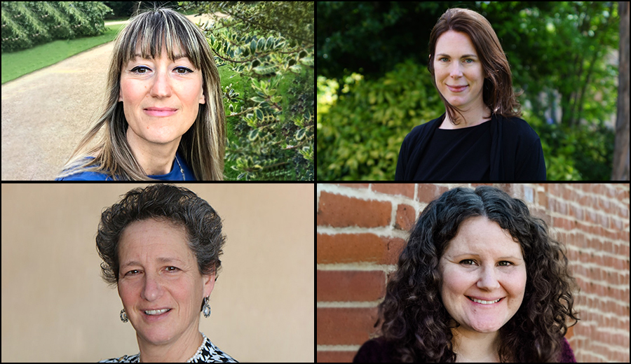 Four grownups posing individually in different settings: a garden path, against greenery, on a beige background, and in front of a brick wall.
