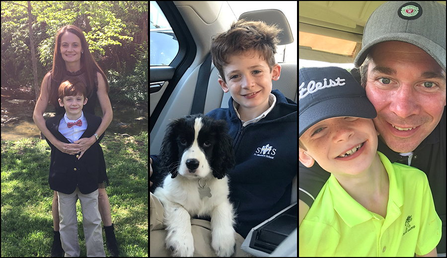 Collage of four images: a woman in a garden, a family with two young boys and a dog, a boy in a car, and a man with a boy wearing hats.