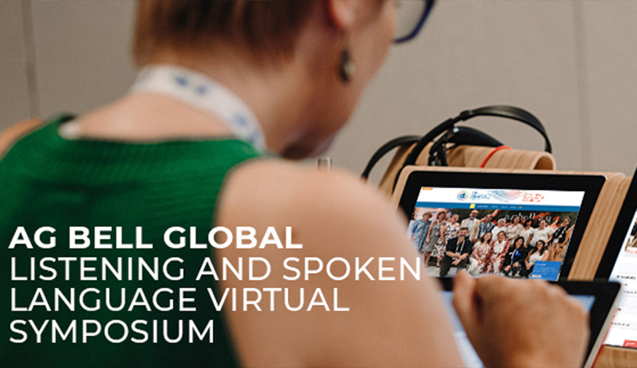 Woman using a tablet to receive assistance on information about the AG Bell Global Listening and Spoken Language Virtual Symposium.