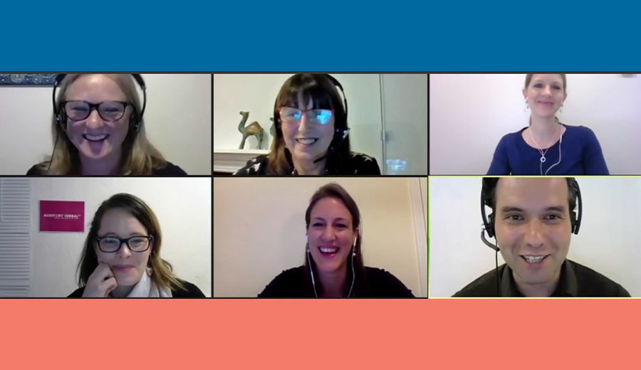 Six family members on a video call, smiling and engaged in conversation, displayed in a grid format on a blue background.