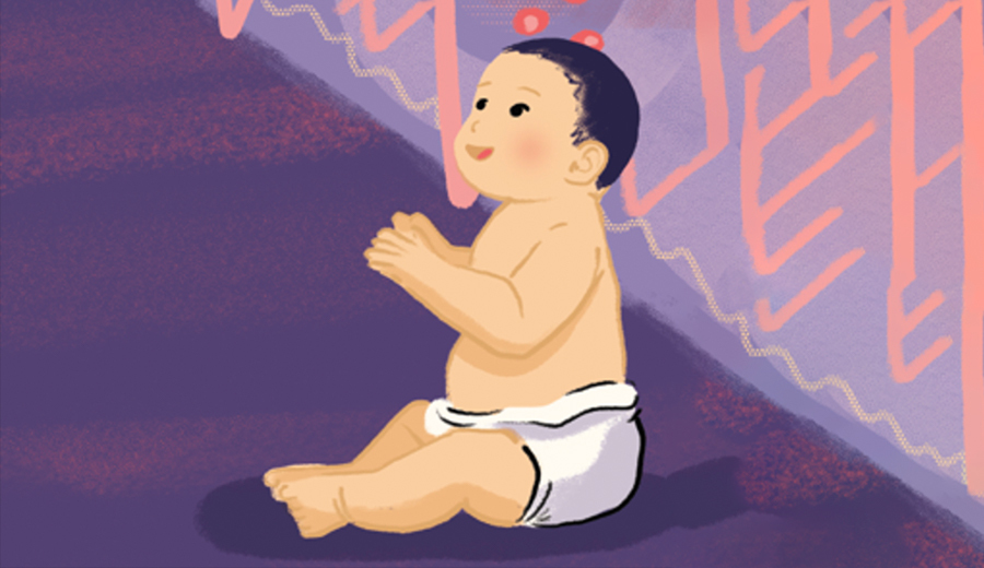 Illustration of a child sitting on the floor wearing a diaper, clapping hands, with a cheerful expression against a purple and pink background.