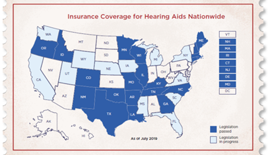 Map showing U.S. states with insurance coverage for family hearing aids as of July 2019, highlighting states with legislation passed in blue and those with legislation in progress in gray.