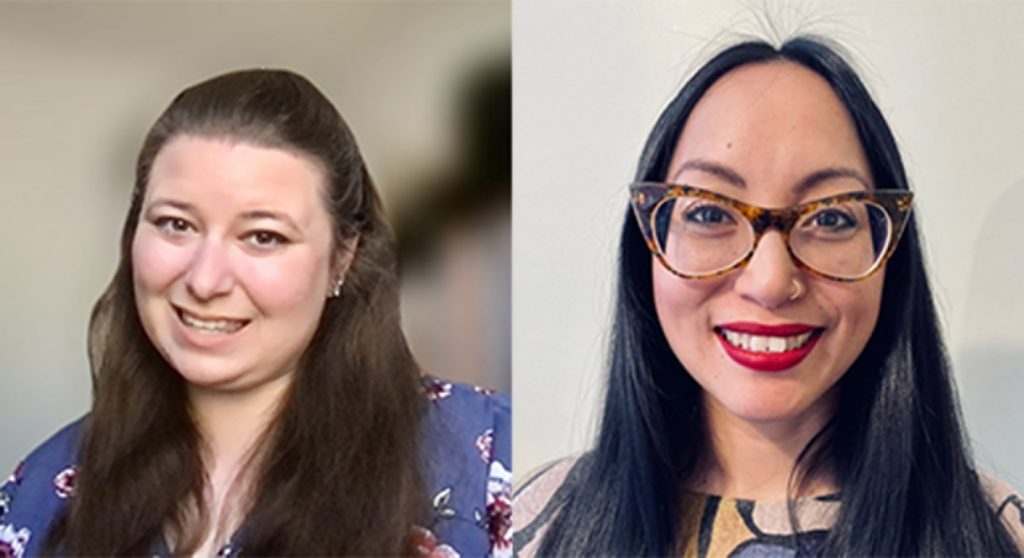 Two women smiling at the camera, one with long brown hair in a floral top, the other with straight black hair and glasses, on a split background. One uses hearing assistance devices.
