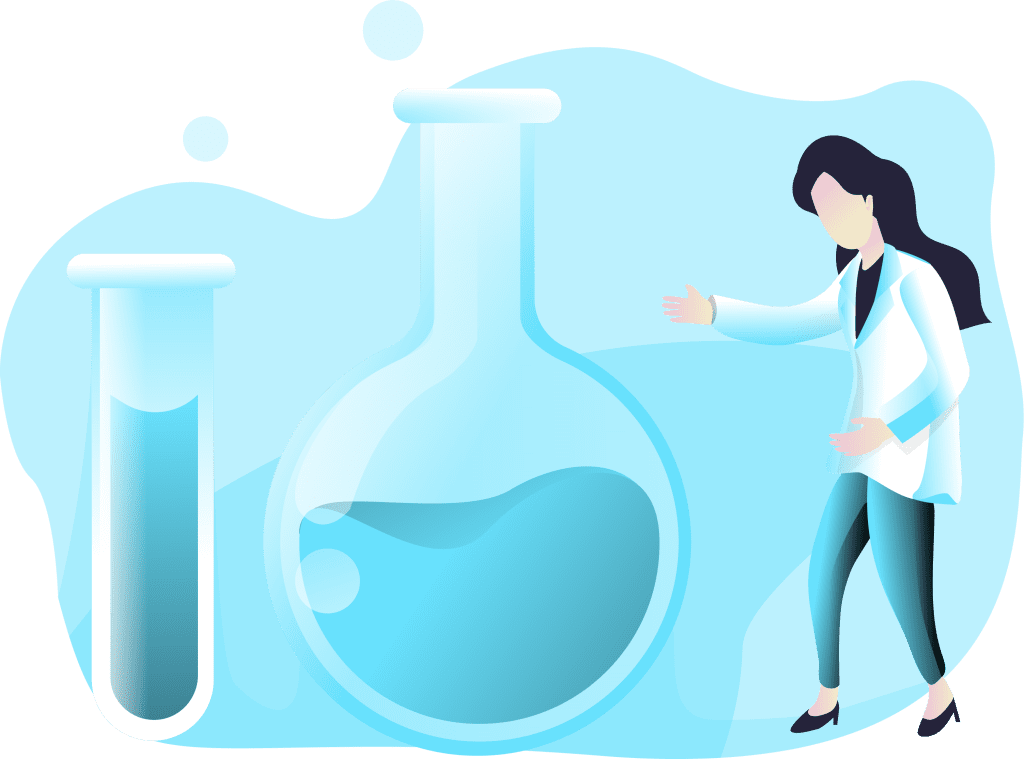 Illustration of a grownup female scientist in a lab coat examining large test tubes with liquids.