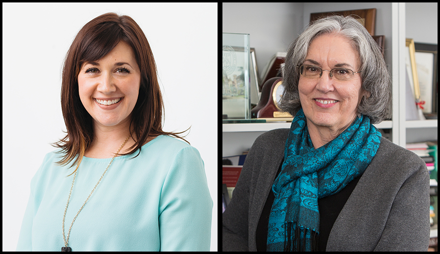 Two women smiling at the camera, one younger with a light blue top, the other older with a gray scarf, receiving assistance in an office setting.