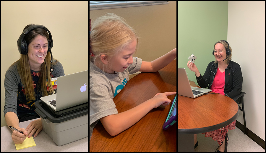 Three-panel image showing different people engaged with technology; a grownup with headphones at a laptop, a child reading a tablet, and another woman laughing, holding a robotic toy at a desk.