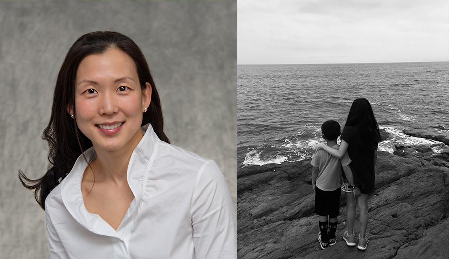 A split image featuring a portrait of a smiling Asian woman on the left and a black-and-white photo of two family members standing on a rocky shore looking at the sea on the right.