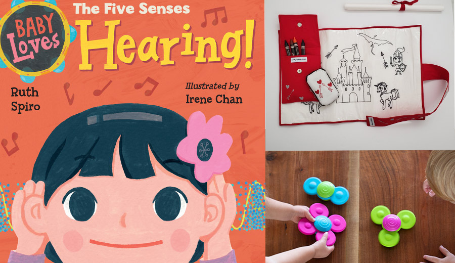 A collage of children's educational materials: a book cover about hearing, a cartoon of a girl, a drawing kit, and a child playing with colorful suction toys designed for disability awareness.